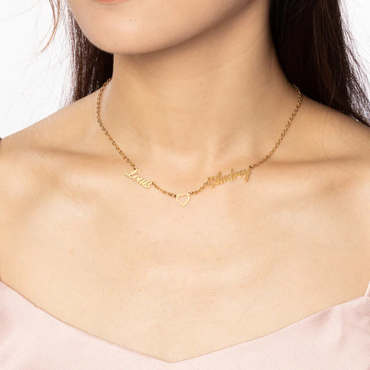Collier Double Prénom Personnalisé avec Cœur – Bijou Couple Élégant