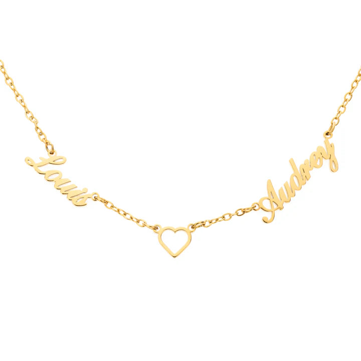 Collier Double Prénom Personnalisé avec Cœur – Bijou Couple Élégant