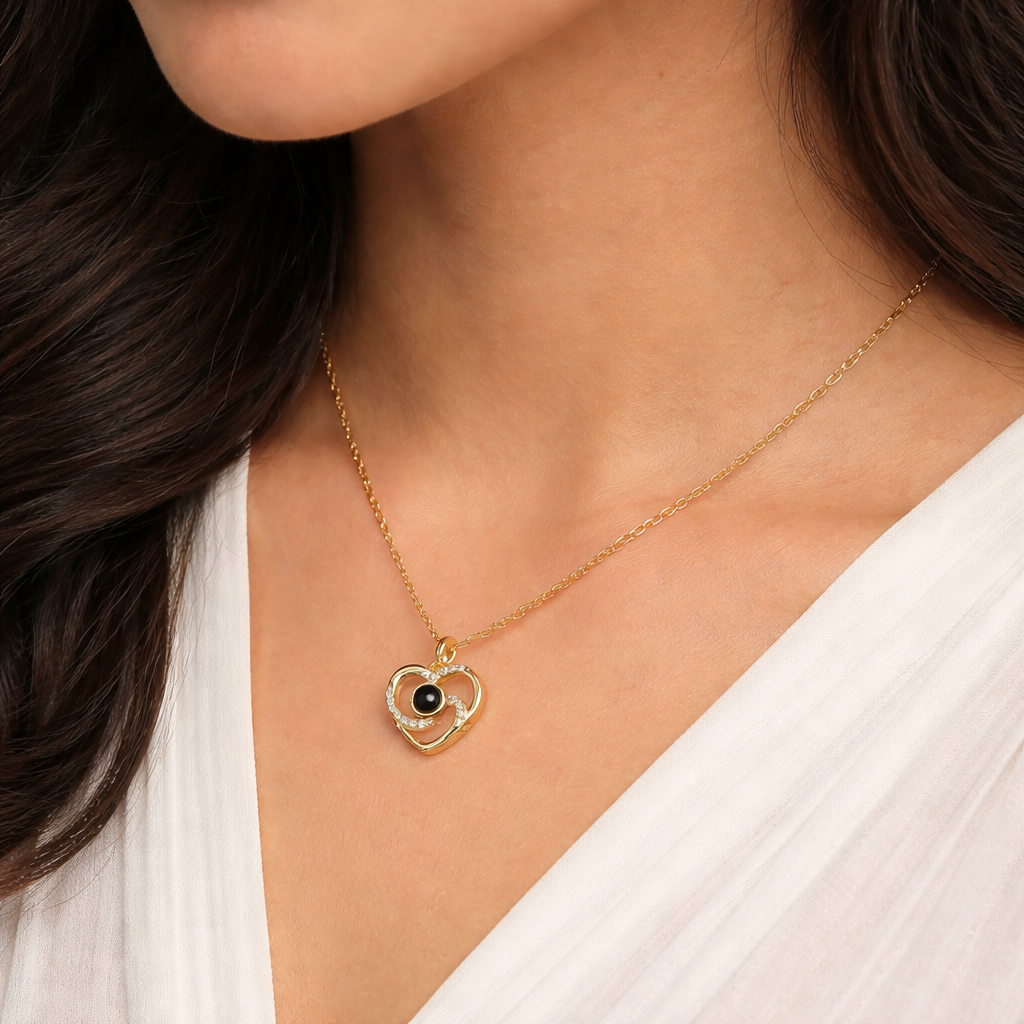 Pendentif Projection Photo Coeur Tri-Branche Strass